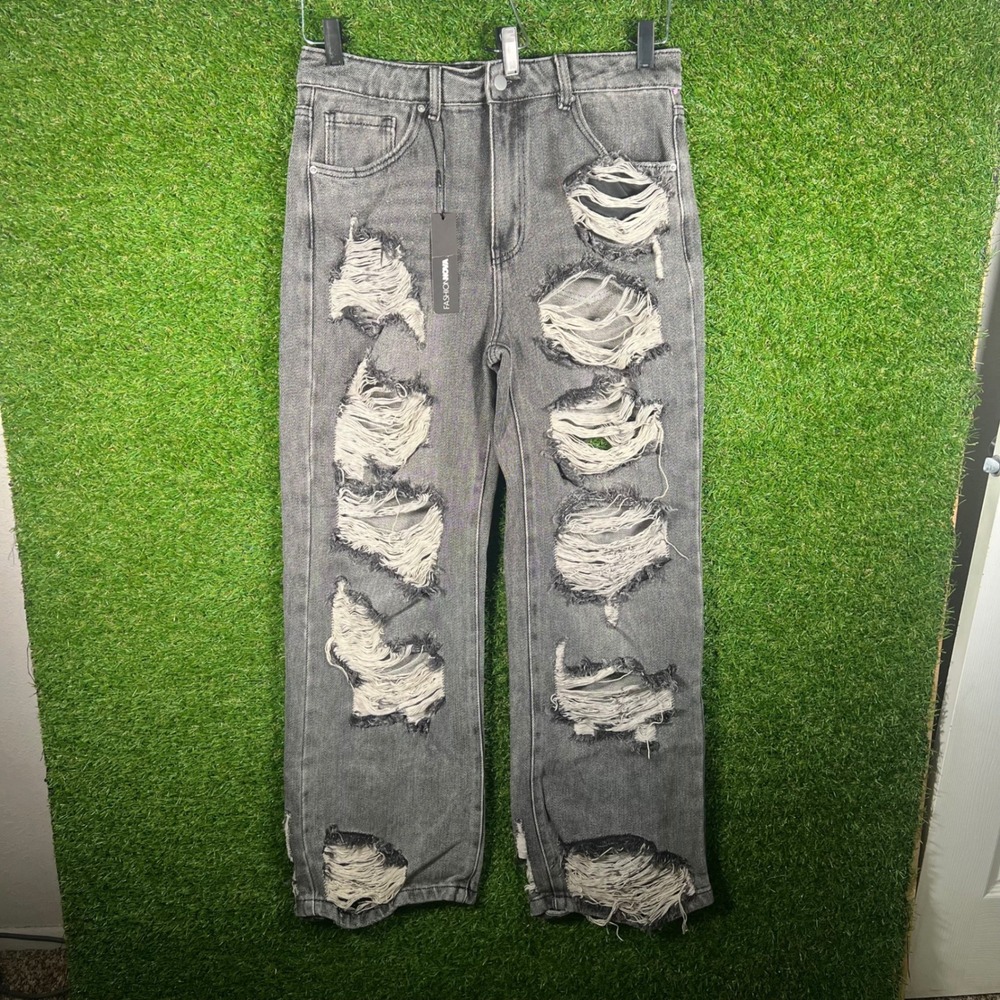 Fashion Nova Marcelene Ripped Straight Leg Jeans Grey Distressed Denim Size 11